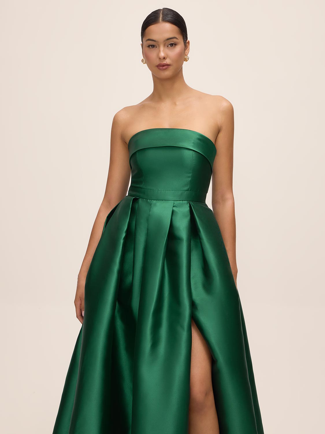 Dark Emerald Strapless Ballgown with Pleat Detail - Front View - Le Chateau