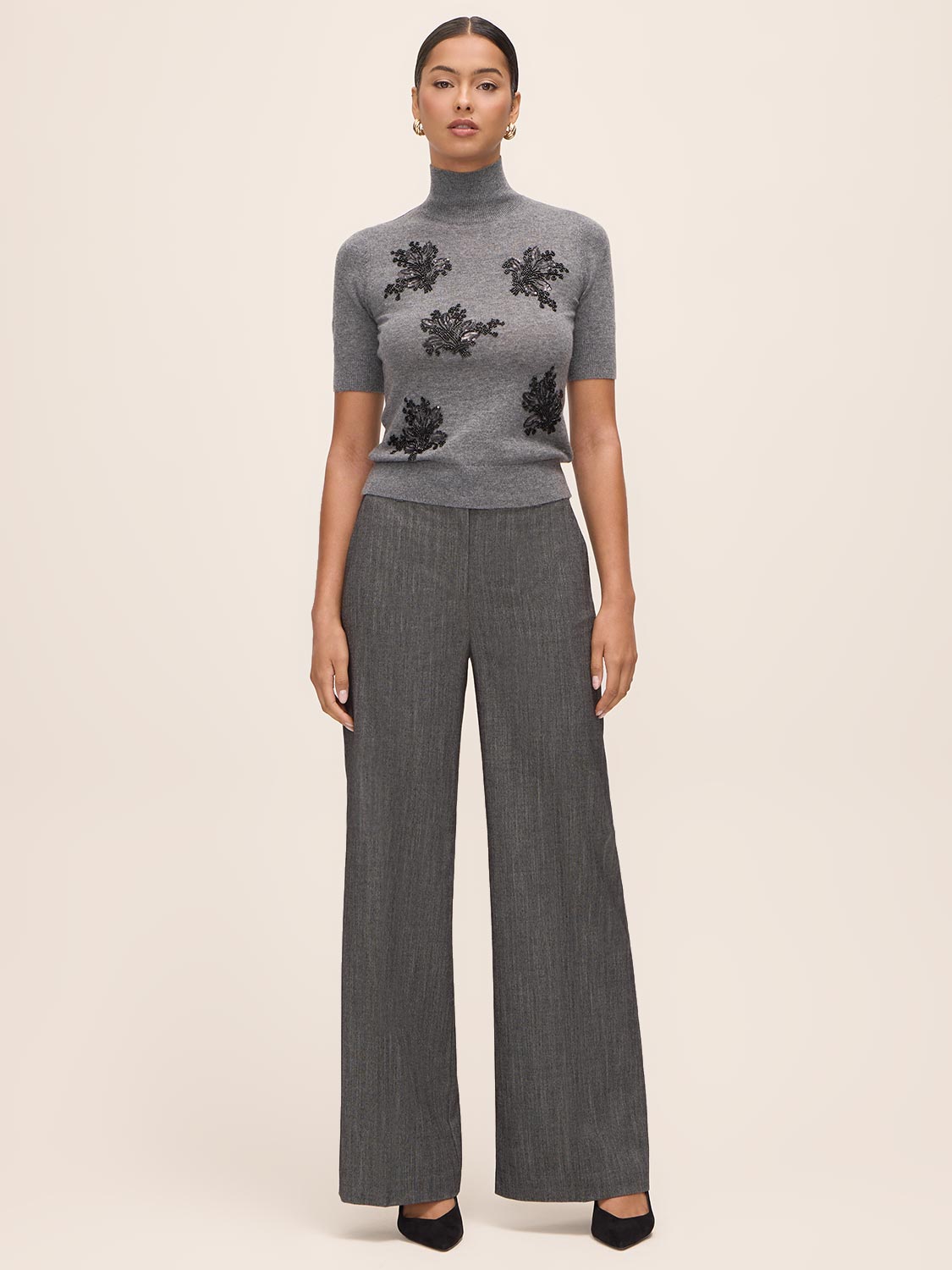 Charcoal Herringbone Wide Leg Pant - Front View - Le Chateau