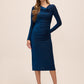 Sapphire/Black Lurex Sparkle Knit Cowl Neck Dress - Woman Wearing Sheath Dress with Side Ruching - Le Chateau