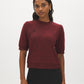 Zinfandel Melange Cropped Hacci Top with Puff Sleeves - Woman Wearing Embroidered Crew Neck Top - Suzy Shier