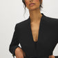 Black Collarless Knit Blazer with Sash Belt - Close-up Buckle Detail - Suzy Shier