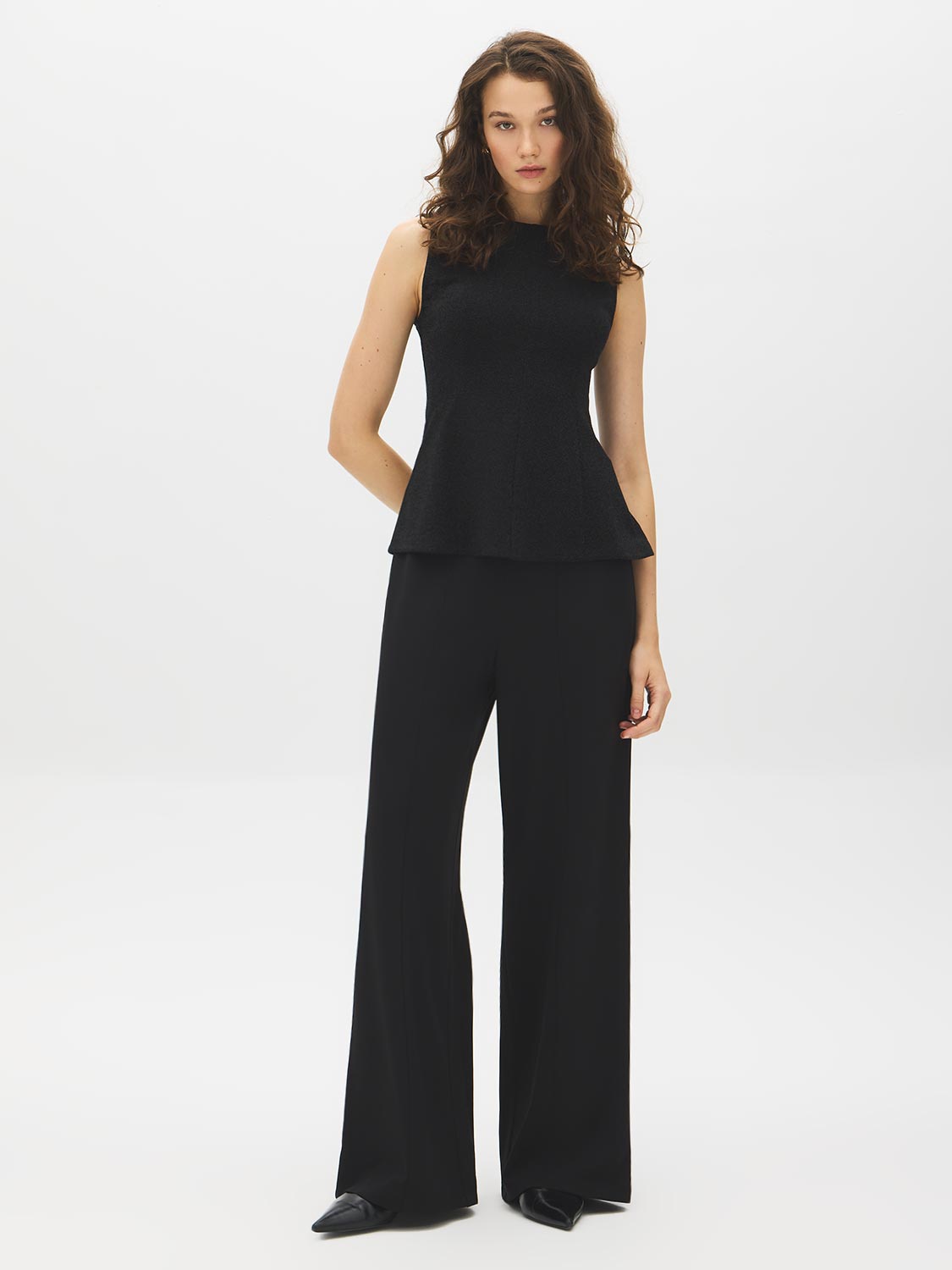 Black Sleeveless Glitter Knit Fit and Flare Top - Front View - Suzy Shier