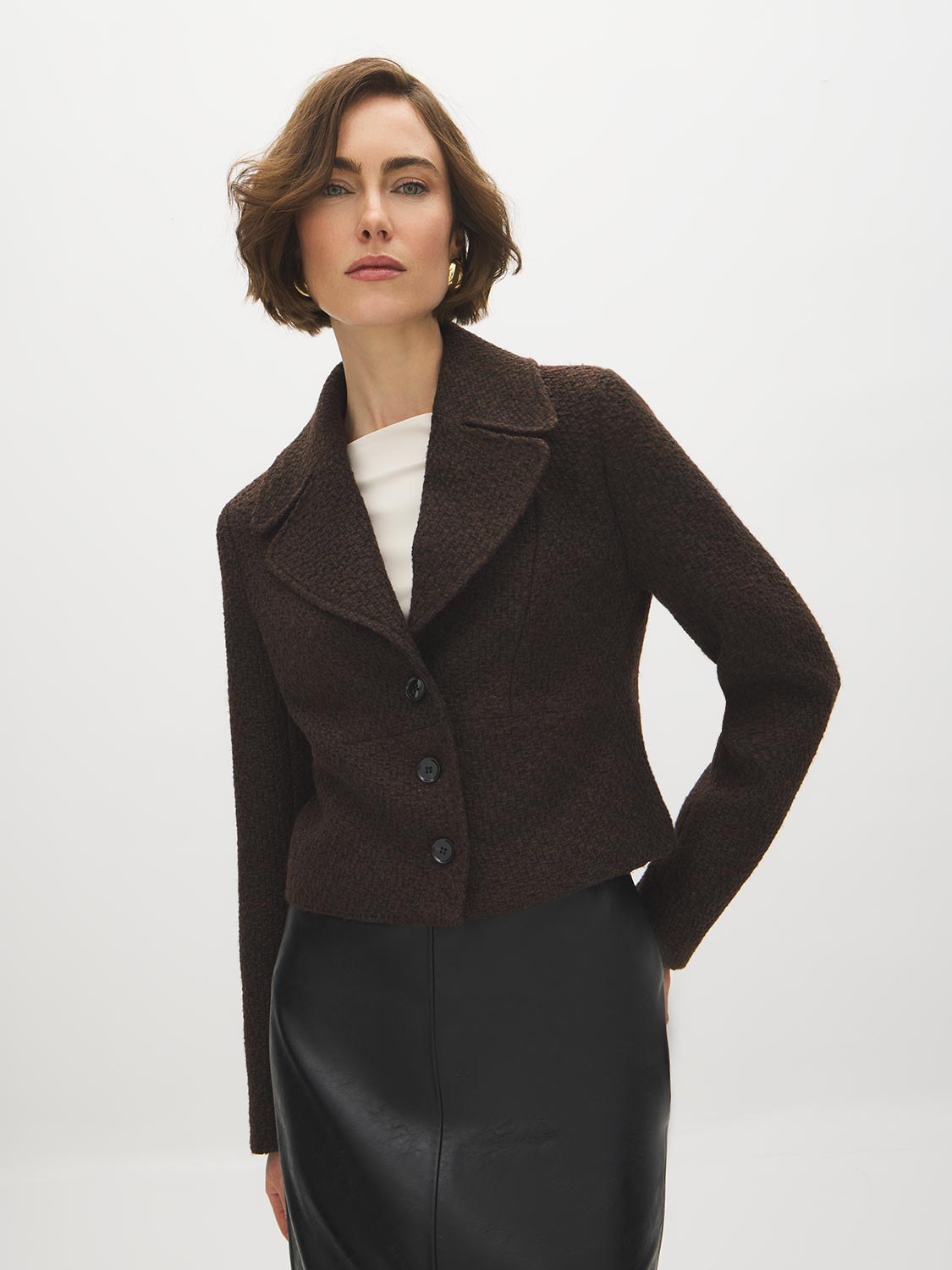 Brown Cropped Boucle Blazer with Large Collar - Woman Wearing Textured Yarn-Dyed Blazer - Suzy Shier