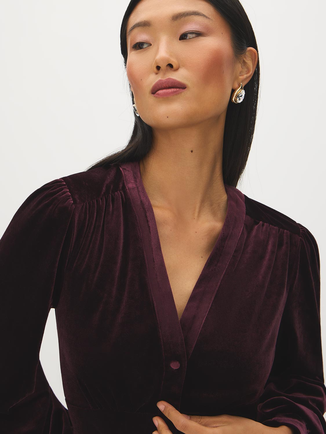 Midnight Plum Velour V-Neck Empire Blouse - Close-up Fabric Detail - Suzy Shier