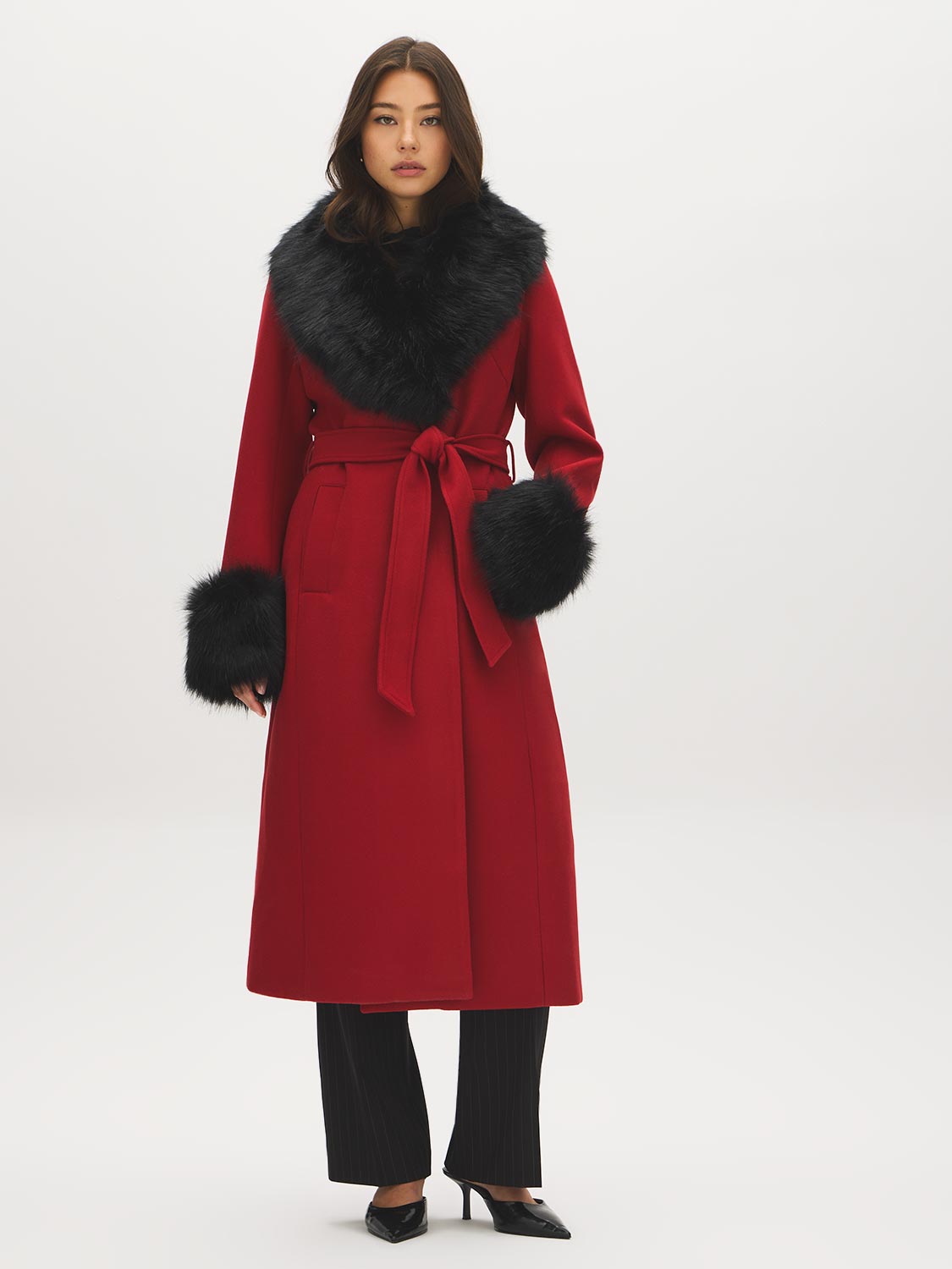 Dark Brown Melange Long Belted Faux Wool Coat - Front View - Suzy Shier