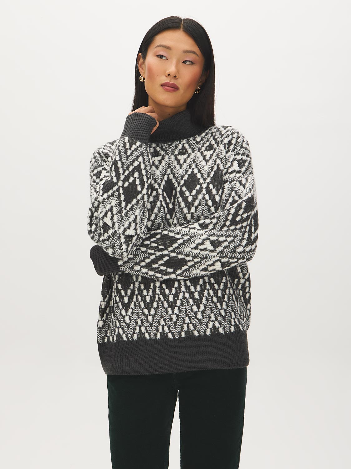 Grey Mix Jacquard Knit Turtleneck Sweater - Woman Wearing Patterned Drop Shoulder Sweater - Suzy Shier