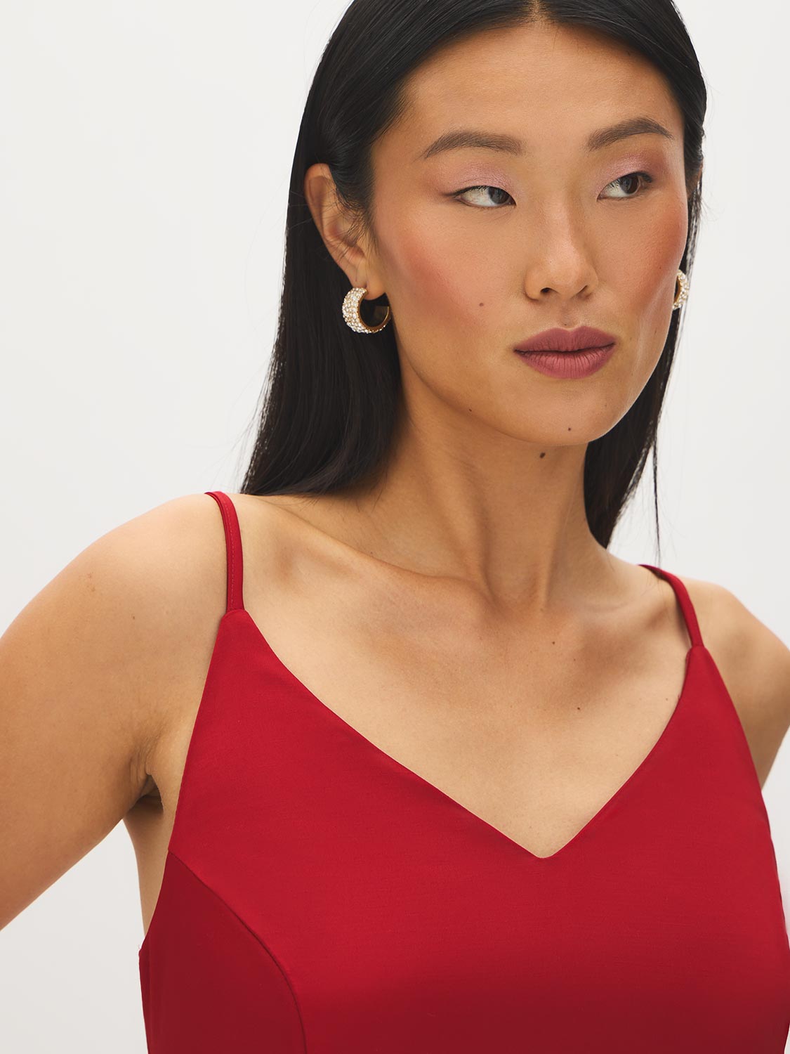 Ruby Red Textured Satin A-Line Midi Dress - V-neckline Detail - Suzy Shier