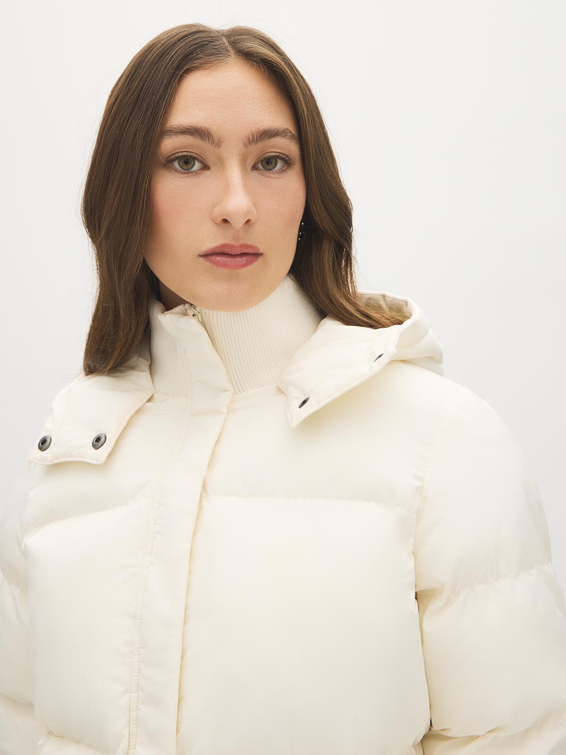 Cream Short Puffer Jacket with Hood - Close-up Front Detail - Suzy Shier