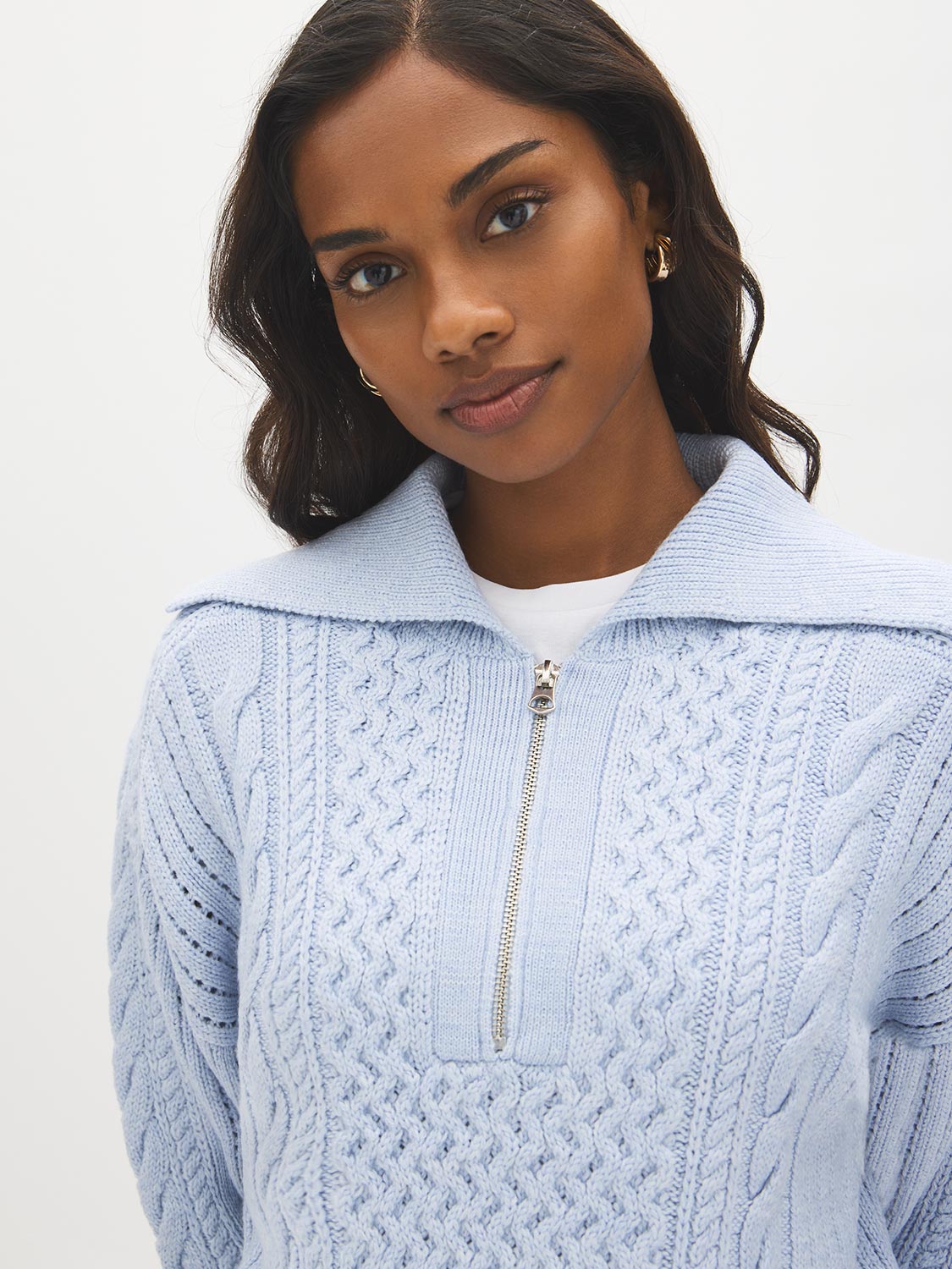 Sky Melange Quarter Zip Cable Knit Sweater - Collar Detail - Suzy Shier
