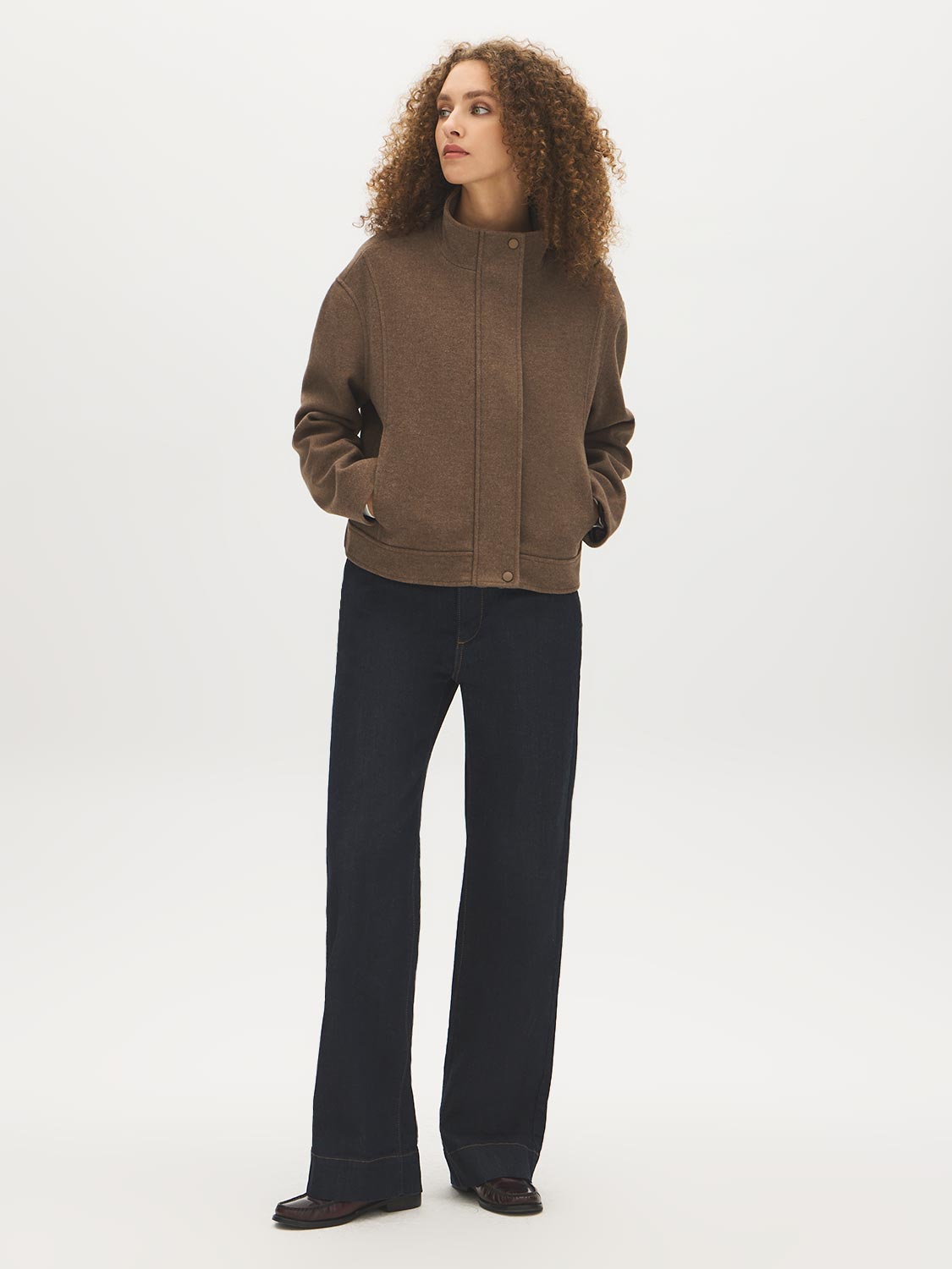 Brown Melange Faux Wool Short Funnel Neck Jacket - Side Profile View - Suzy Shier