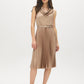 Camel Textured Satin Midi Dress with Cowl Neck - Woman Wearing Pleated Sleeveless Dress - Suzy Shier