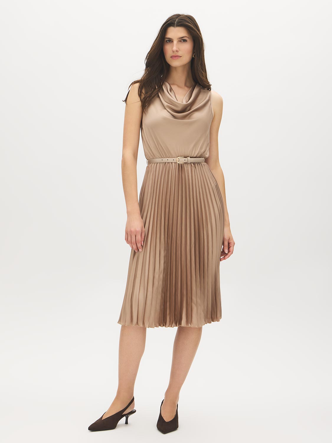 Camel Textured Satin Midi Dress with Cowl Neck - Woman Wearing Pleated Sleeveless Dress - Suzy Shier