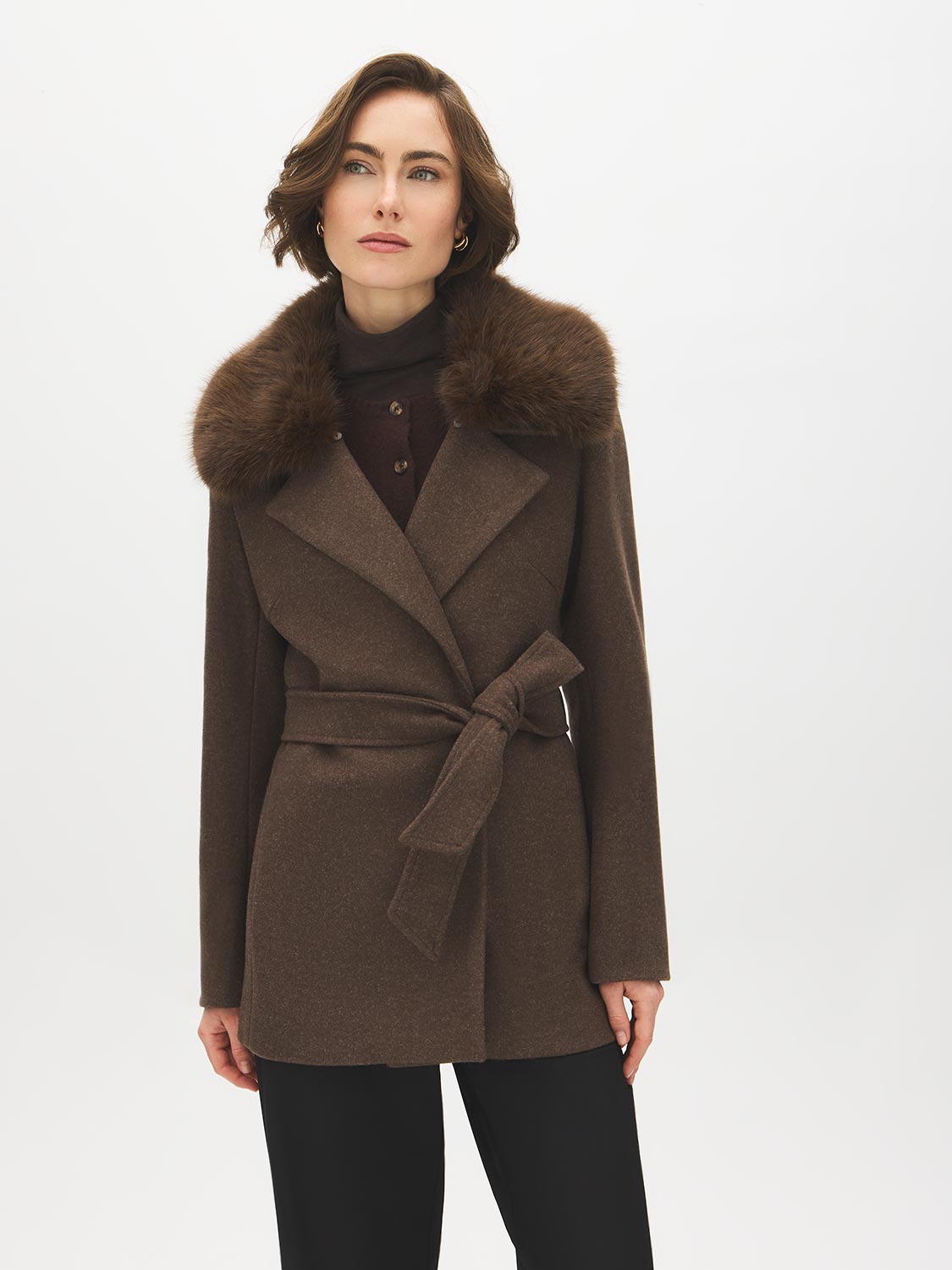 Dark Brown Melange Short Belted Faux Wool Coat - Woman Wearing Faux Fur Collar Coat - Suzy Shier