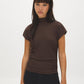 Coffee Bean Mock Neck Ribbed Top with Dolman Sleeves - Woman Wearing Fitted Ribbed Knit Top - Suzy Shier