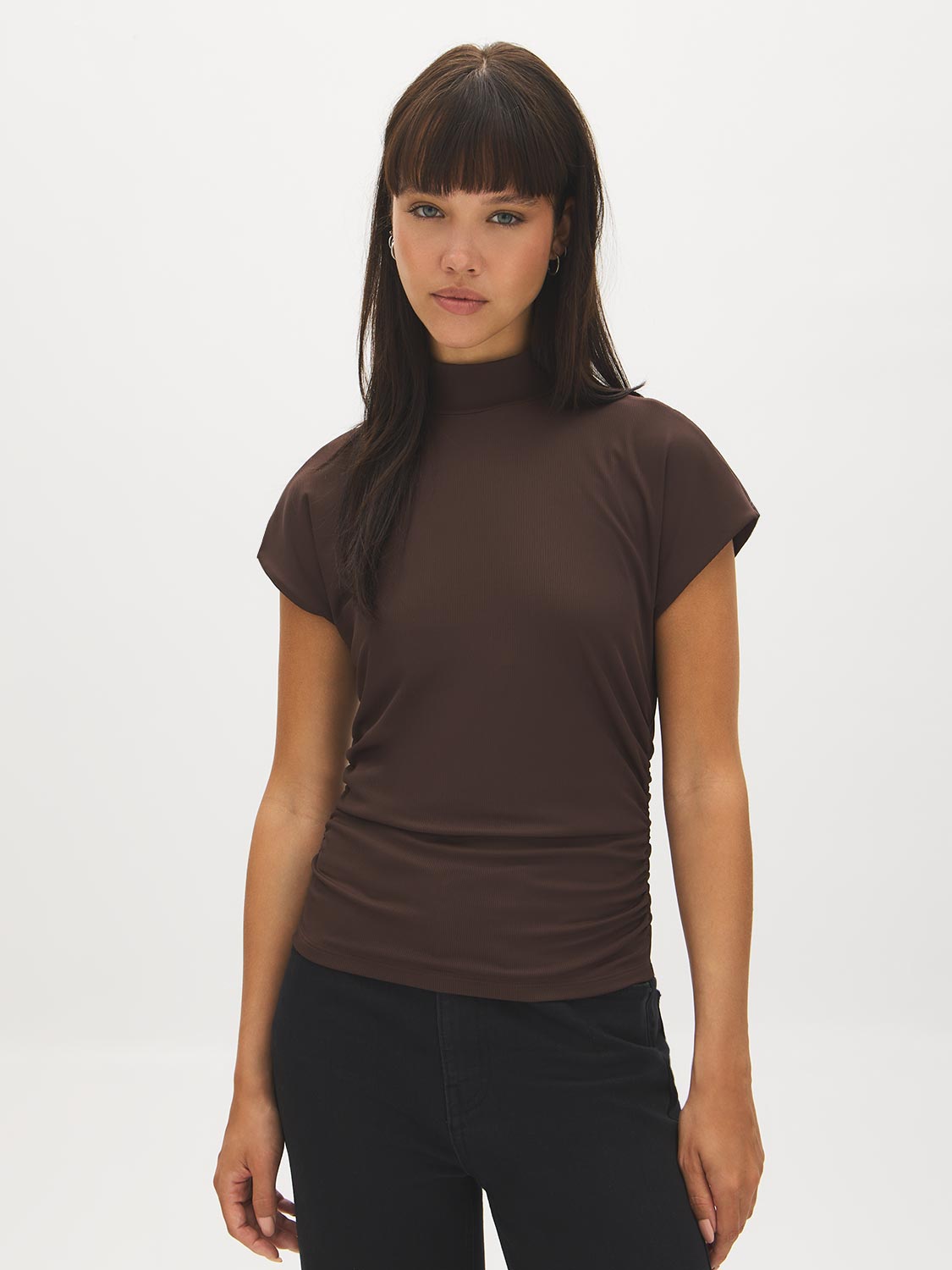 Coffee Bean Mock Neck Ribbed Top with Dolman Sleeves - Woman Wearing Fitted Ribbed Knit Top - Suzy Shier