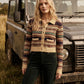Green/Blue/Beige Multi-Color Jacquard Button-Front Sweater - Woman Wearing Patterned Knit Sweater - Suzy Shier