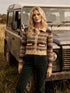 Green/Blue/Beige Multi-Color Jacquard Button-Front Sweater - Woman Wearing Patterned Knit Sweater - Suzy Shier