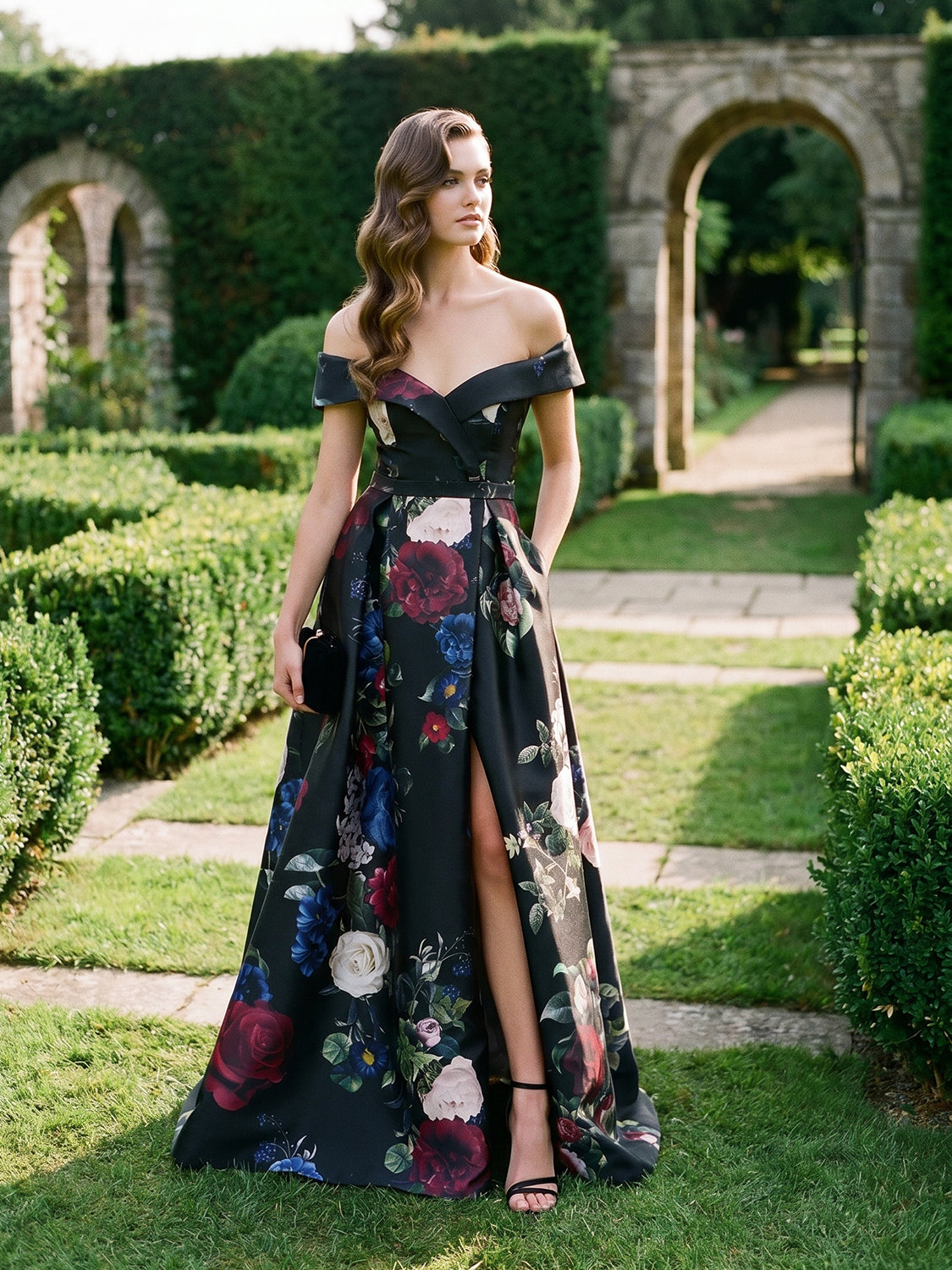 Black Bordeaux Strapless Floral Ballgown - Woman Wearing Elegant Evening Dress with Pleat Detail - Le Chateau