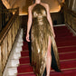 Bronze Liquid Stripe Foil Gown - Front View - Le Chateau