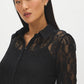 Black Lace Button-Front Blouse with Scalloped Hem - Close-up Fabric Detail - Suzy Shier