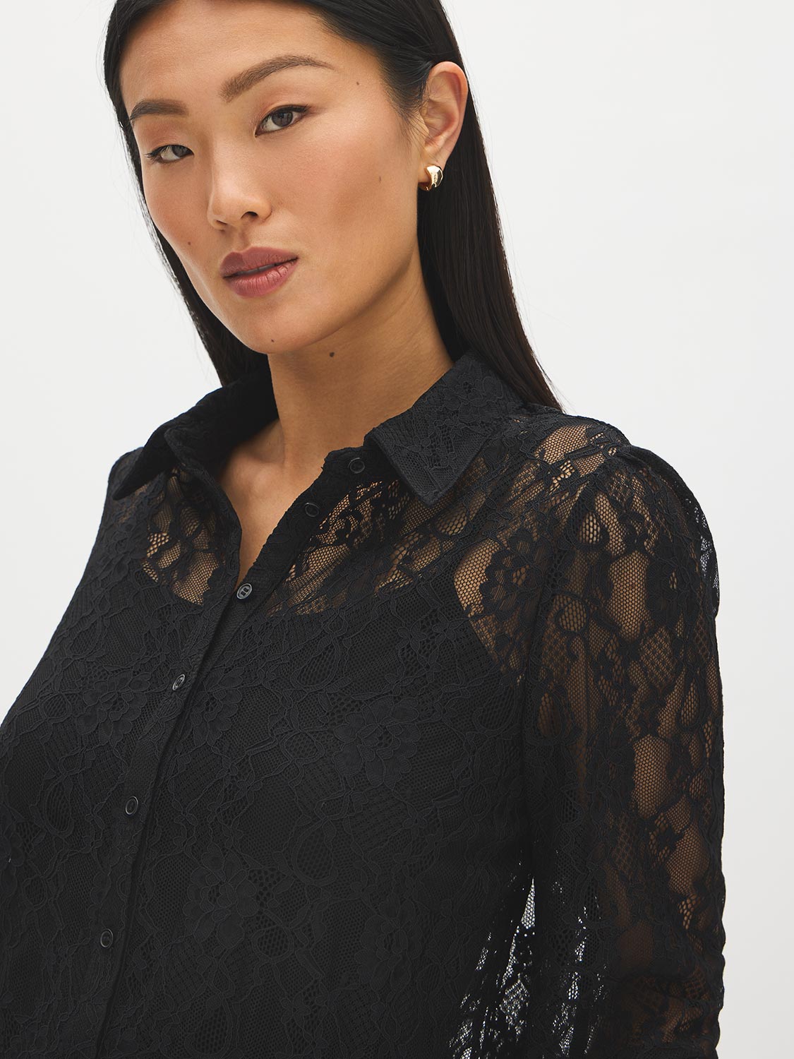 Black Lace Button-Front Blouse with Scalloped Hem - Close-up Fabric Detail - Suzy Shier