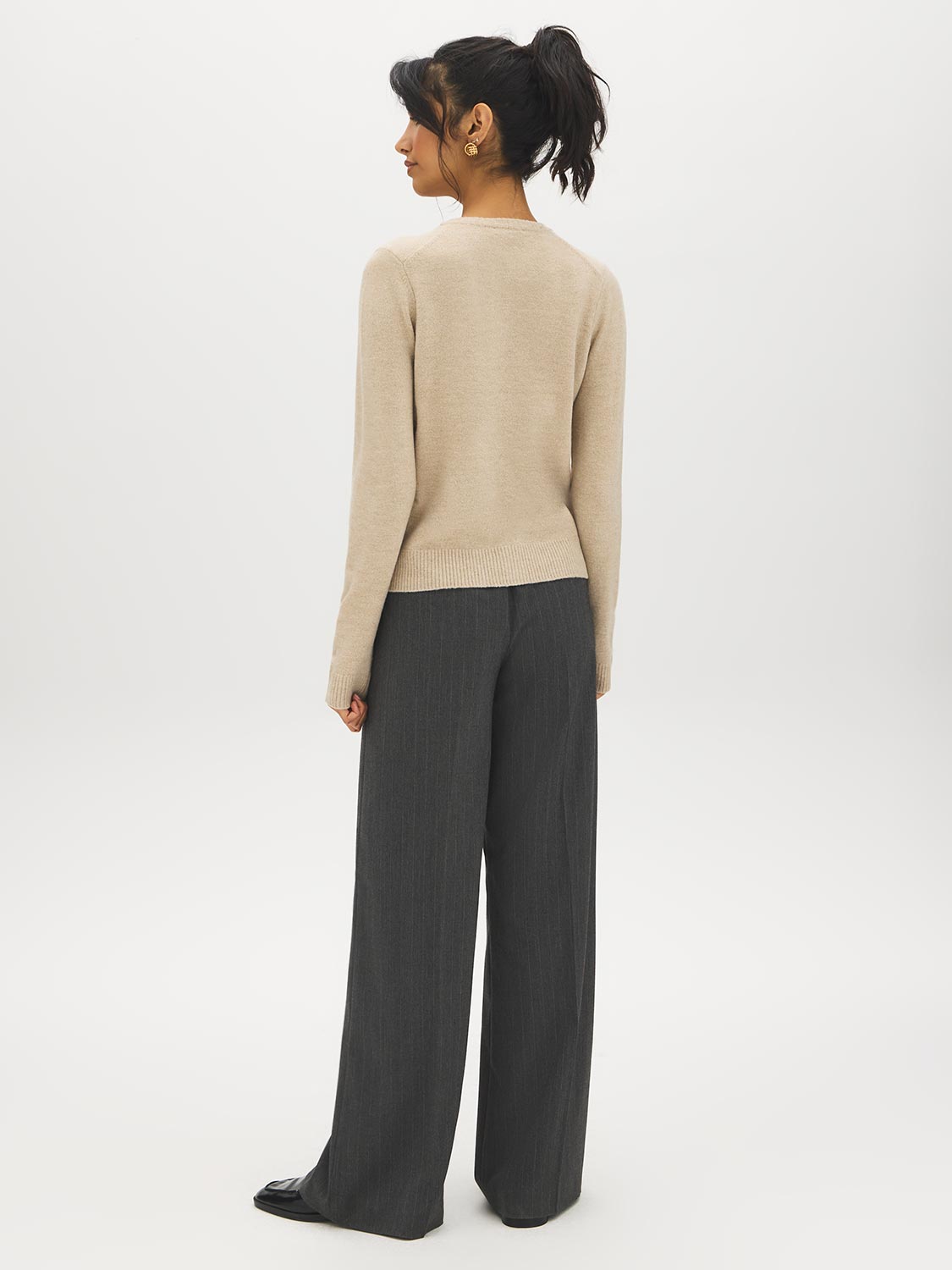 Oat Melange Button-Front Long Sleeve Cardigan - Back View - Suzy Shier