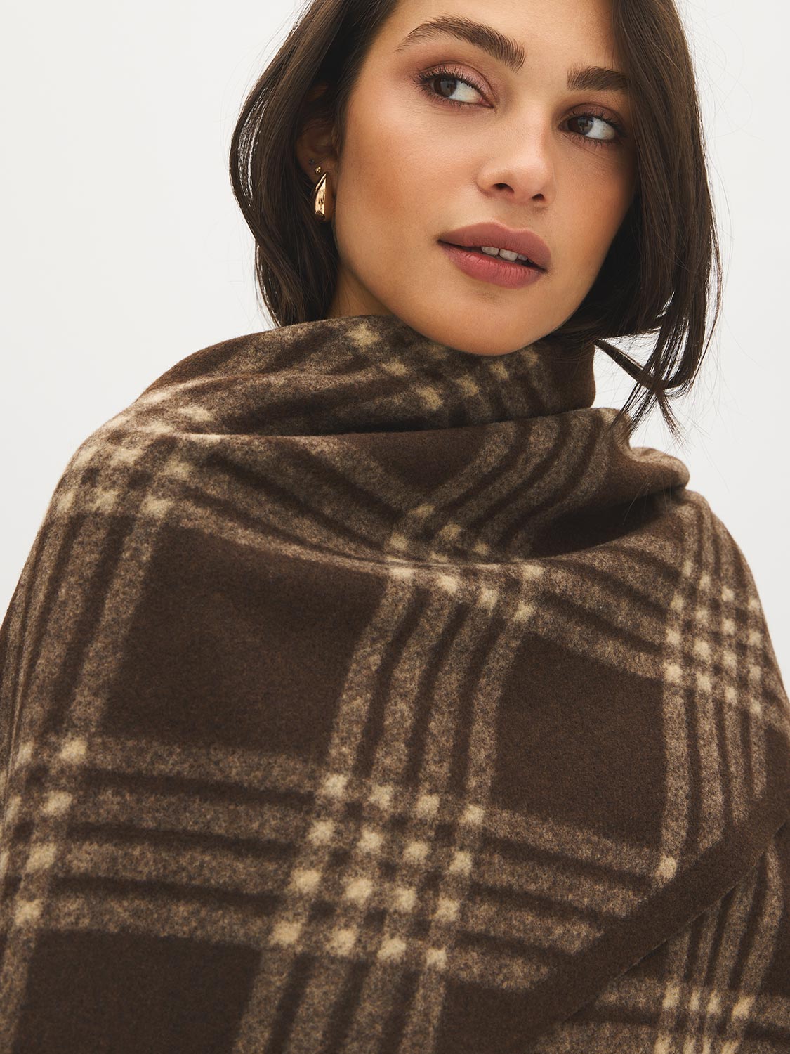 Brown Plaid Fringe Cape - Close-up Fabric Detail - Suzy Shier