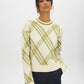 Off White/Green Jacquard Crew Neck Sweater - Woman Wearing Knit Sweater with Ribbed Details - Suzy Shier