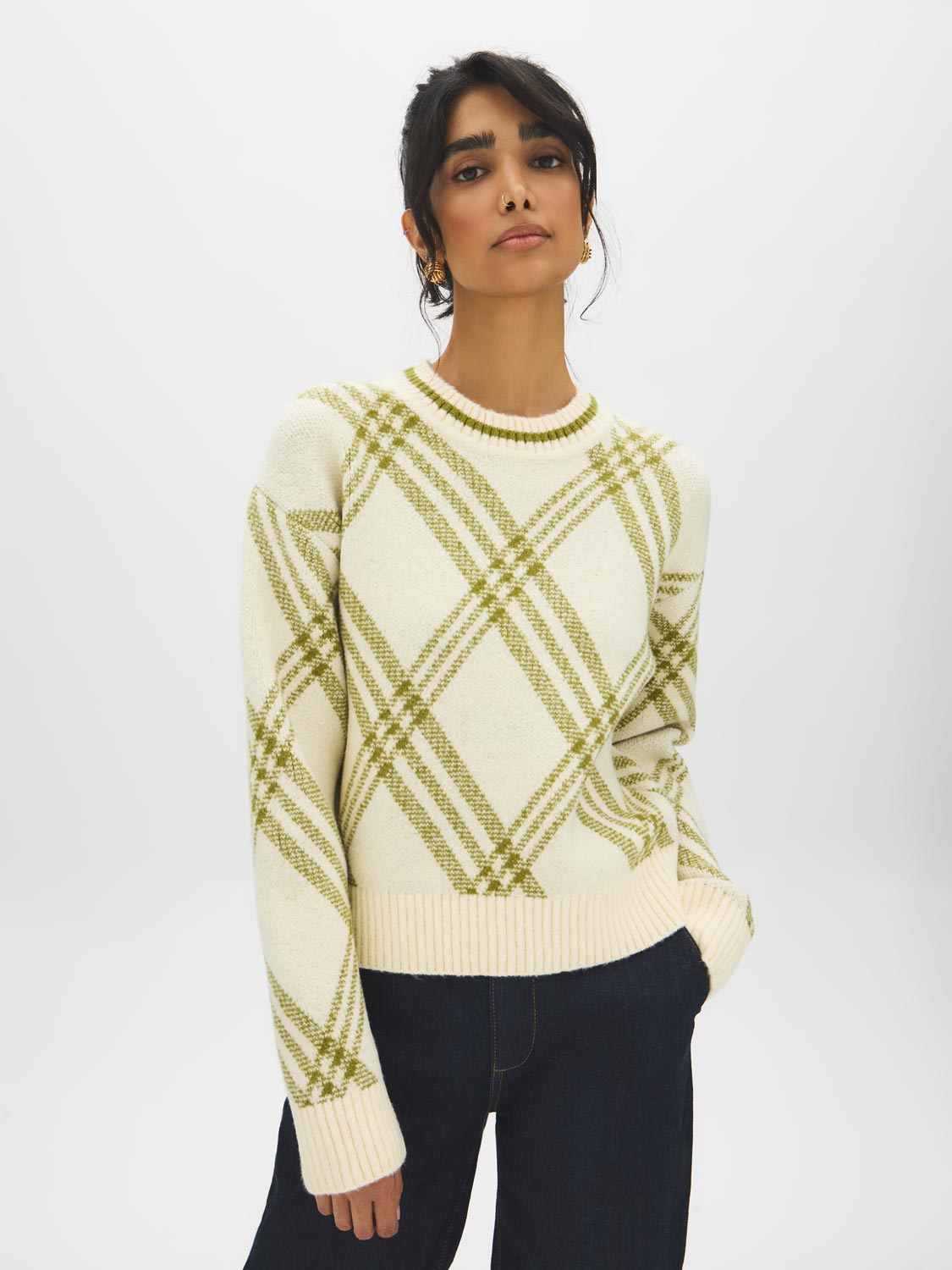 Off White/Green Jacquard Crew Neck Sweater - Woman Wearing Knit Sweater with Ribbed Details - Suzy Shier