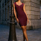 Burgundy V-Neck Bandage Sheath Dress - Woman Wearing Sleeveless Fitted Dress - Le Chateau