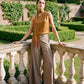 Dijon Fringe Scarf Satin Top - Woman Wearing Textured Evening Blouse - Le Chateau