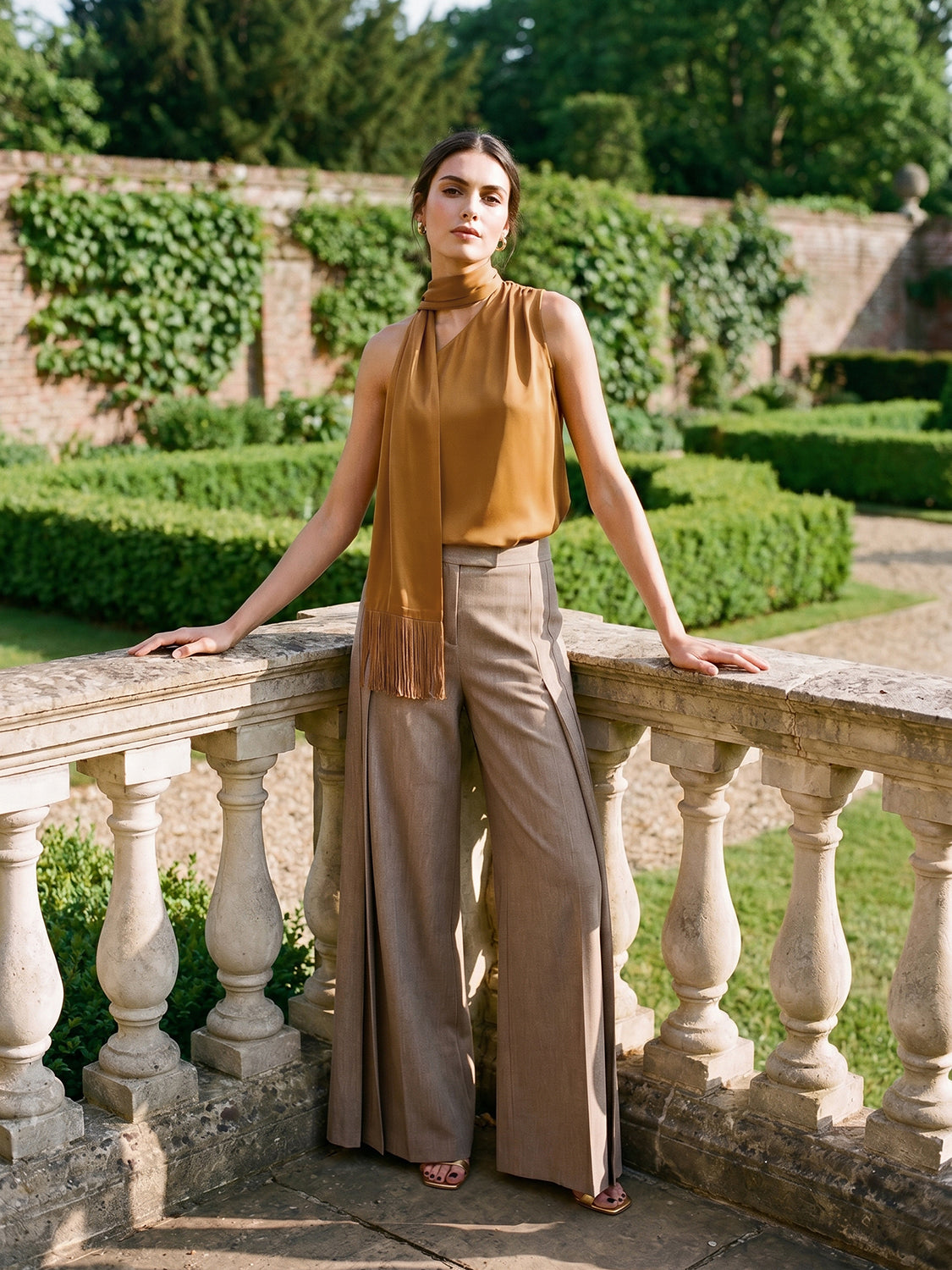 Dijon Fringe Scarf Satin Top - Woman Wearing Textured Evening Blouse - Le Chateau