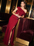 Lipstick Red Glitter Knit One-Shoulder Gown - Woman Wearing Evening Dress with Side Ruching - Le Chateau