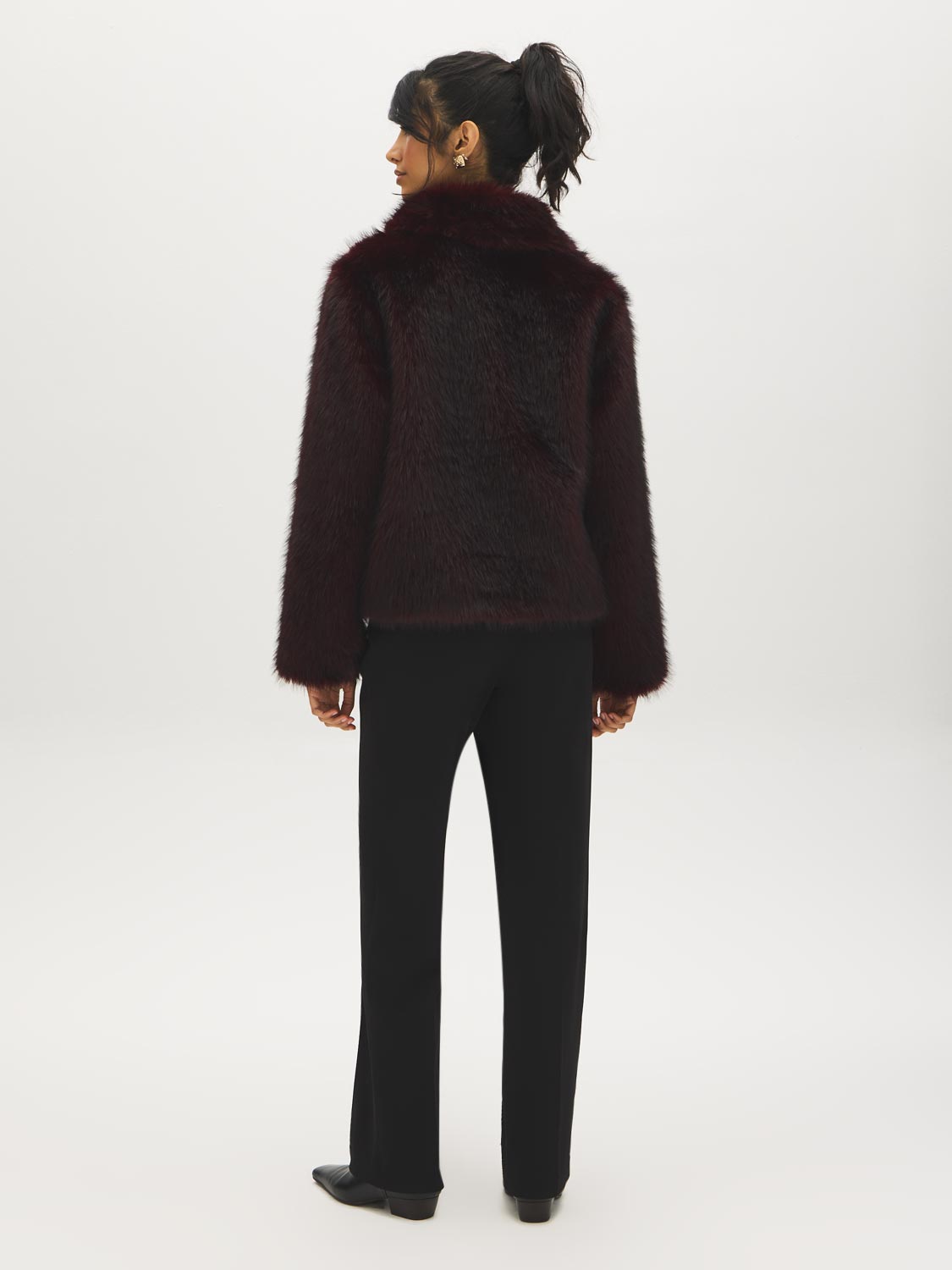 Brown Faux Fur Coat with Leather Detail - Alternate Color Back View - Suzy Shier