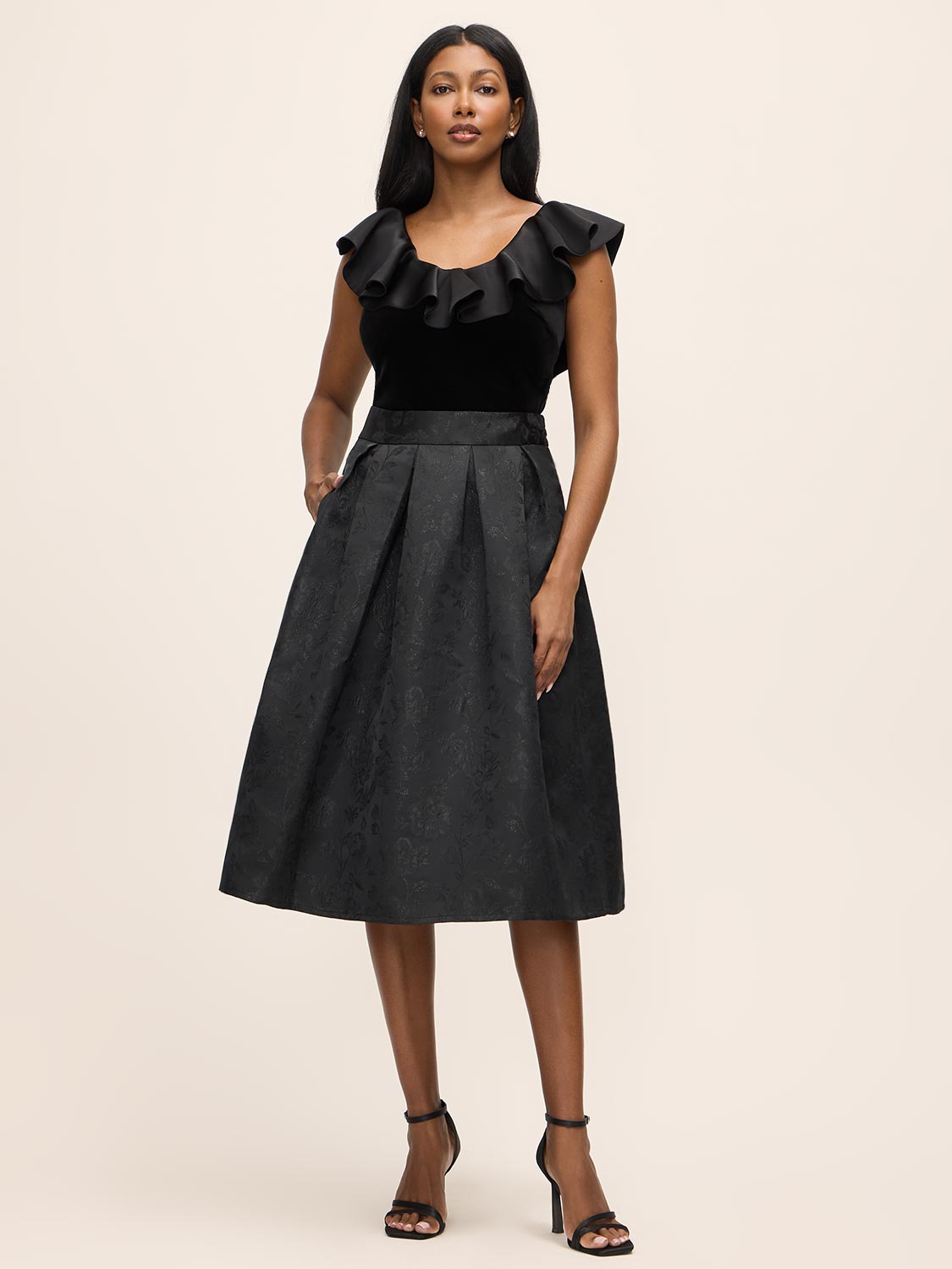 Black Floral Jacquard Midi Skirt with Box Pleats - Woman Wearing Elegant Pleated Skirt - Le Chateau