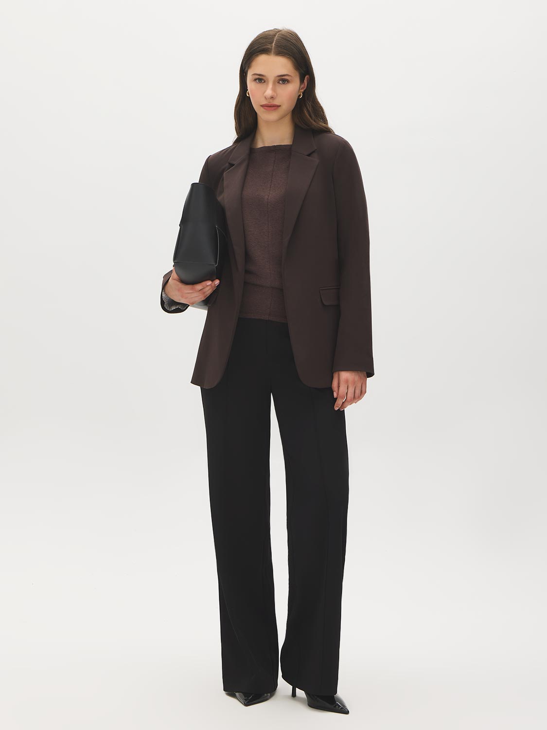 Coffee Open-Front Blazer with Stripe Cuff Detail - Front View - Suzy Shier