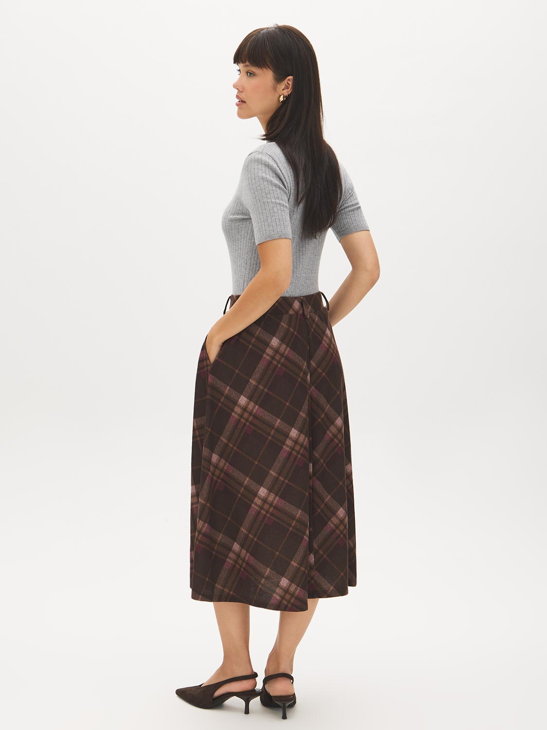 Brown Plaid Hacci Knit Pull-On Skirt - Side Profile View - Suzy Shier