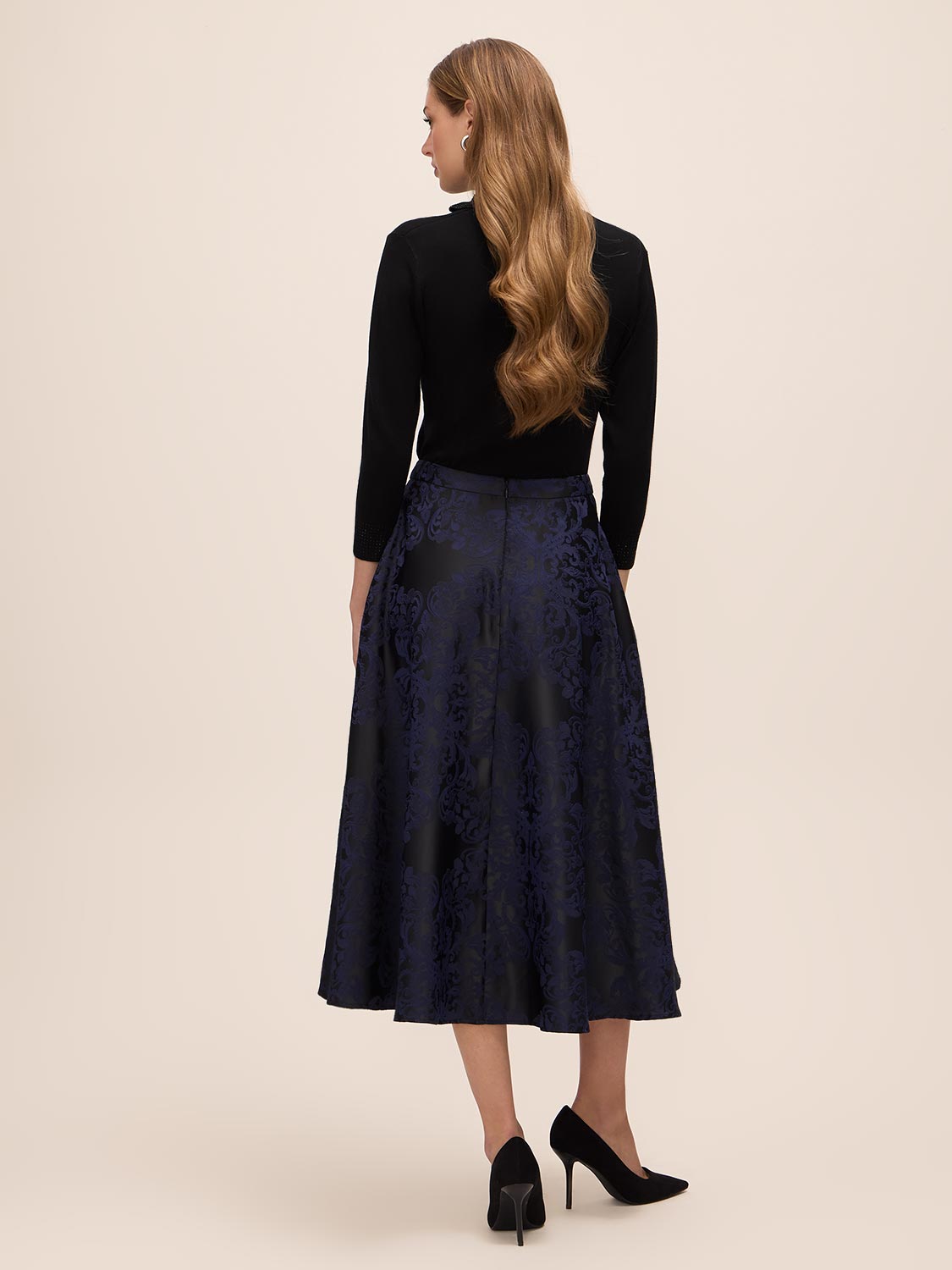 Sapphire/Black Baroque Jacquard Flared Skirt - Back View - Le Chateau