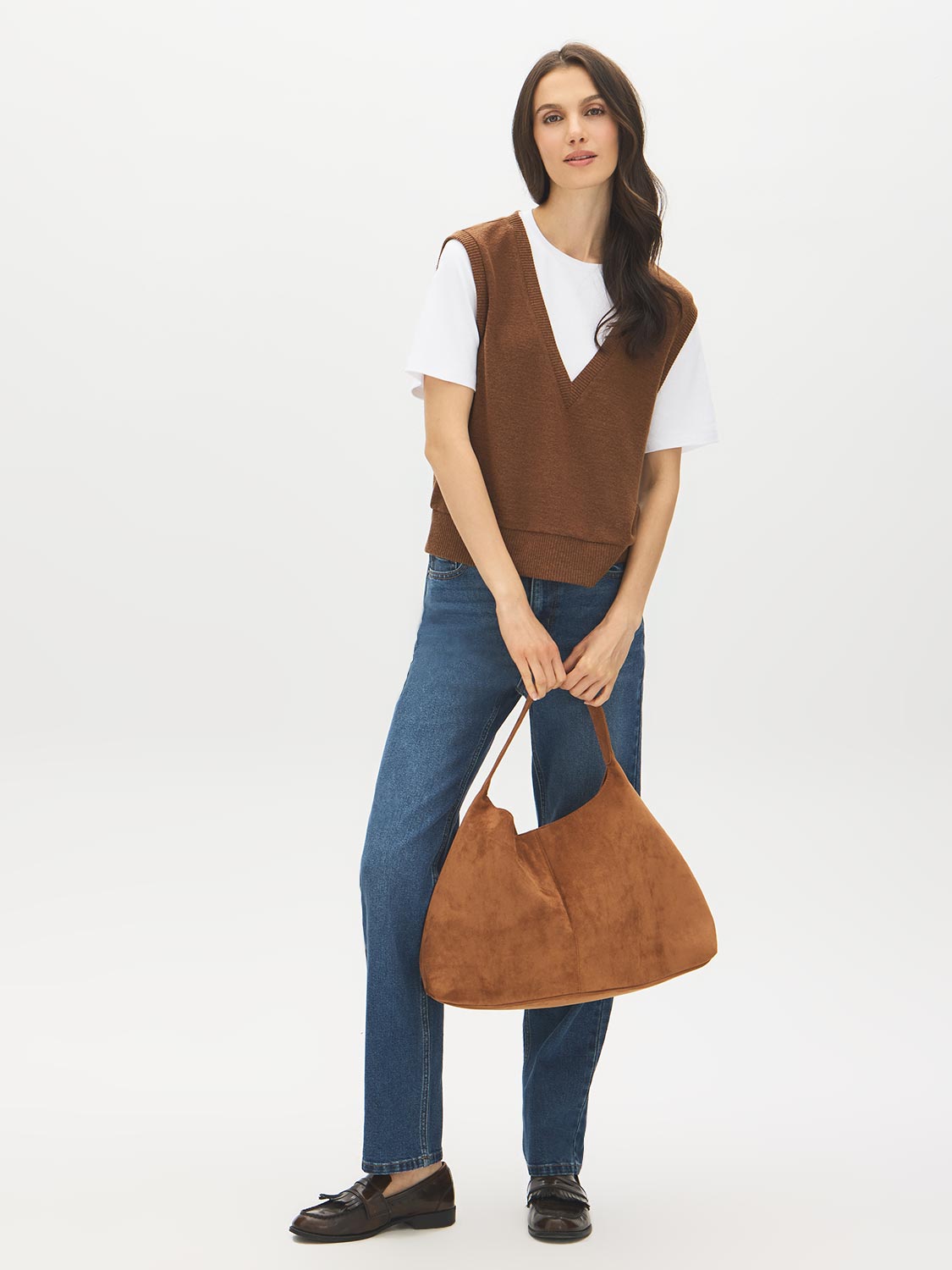 Bison Mel 2fer Knit Top with Hacci V-Neck Vest - Front View - Suzy Shier