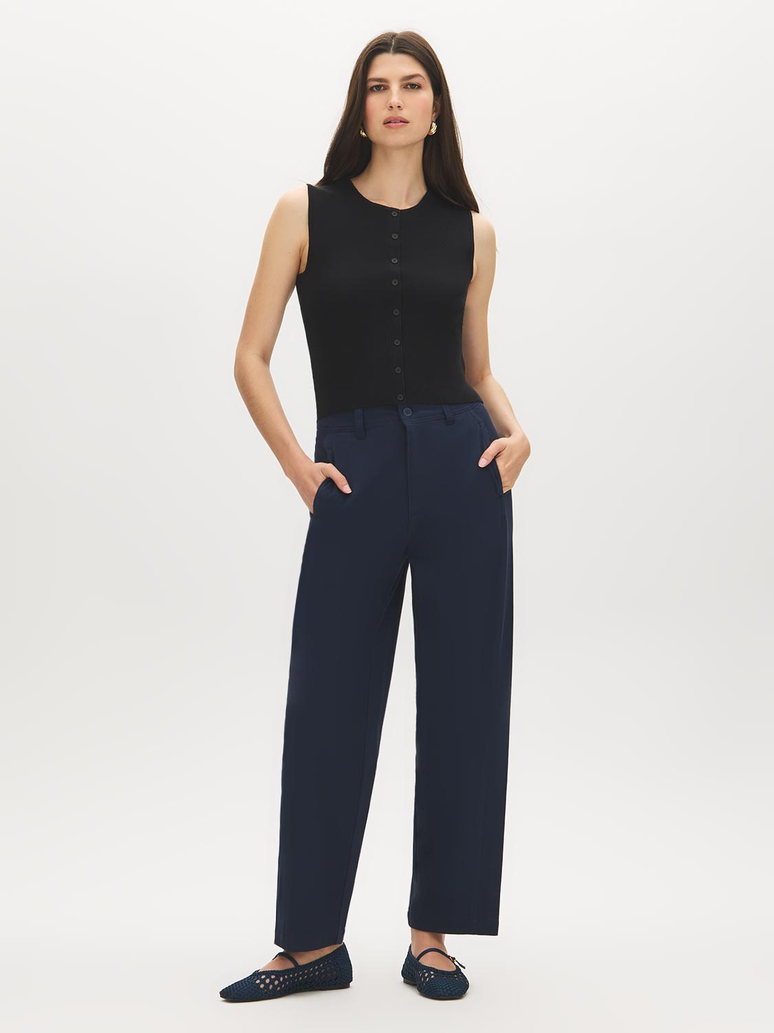 Black Sleeveless Ribbed Knit Sweater with Faux Button Placket - Front View - Suzy Shier