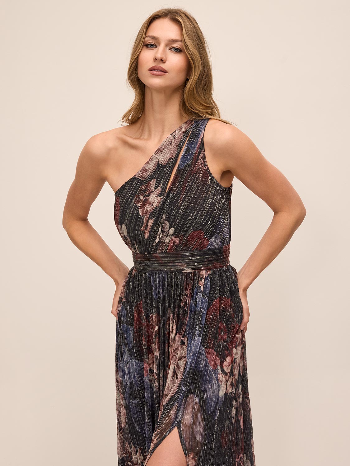 Dark Sapphire Bordeaux Floral One-Shoulder Gown - Front View - Le Chateau