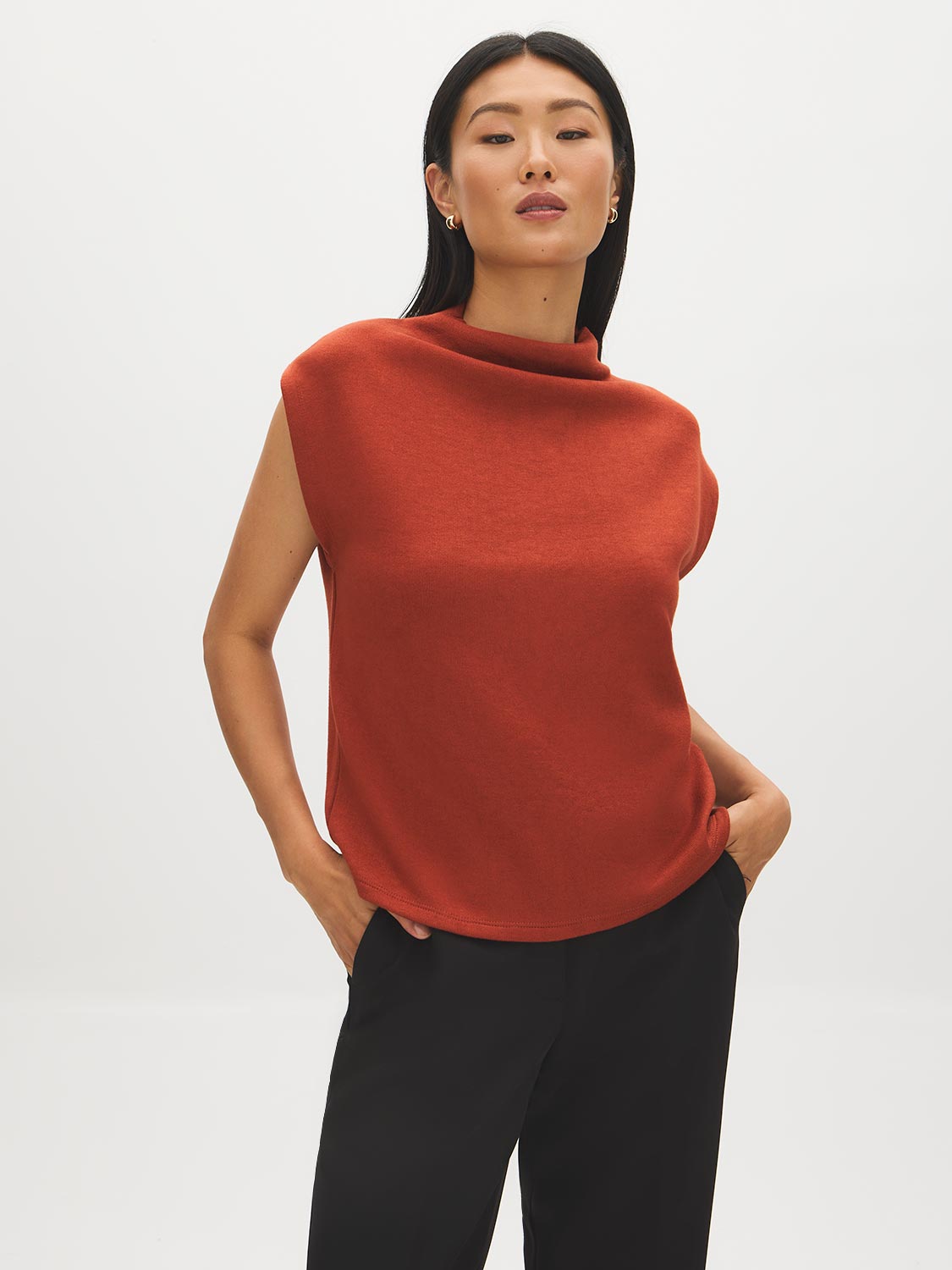 Arabian Spice Sleeveless Mock Neck Boxy Sweater Top - Woman Wearing Soft Knit Top - Suzy Shier