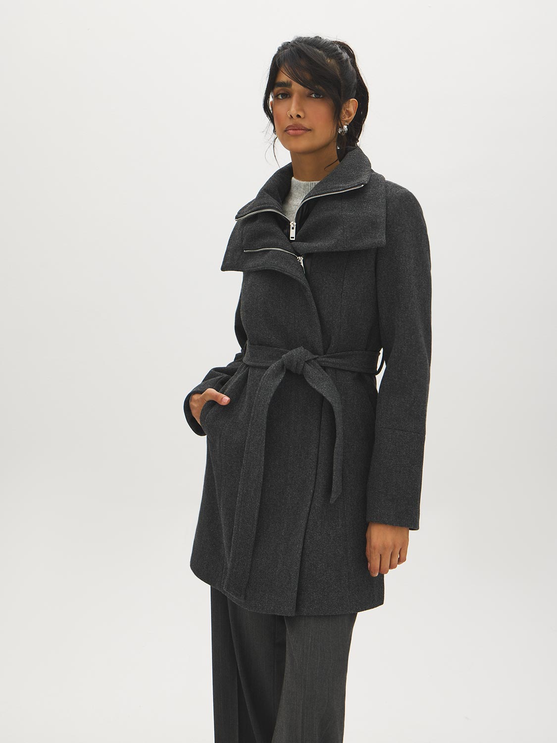 Dark Charcoal Melange Double Collar Mid-Length Coat with Belt - Woman Wearing Stylish Outerwear - Suzy Shier