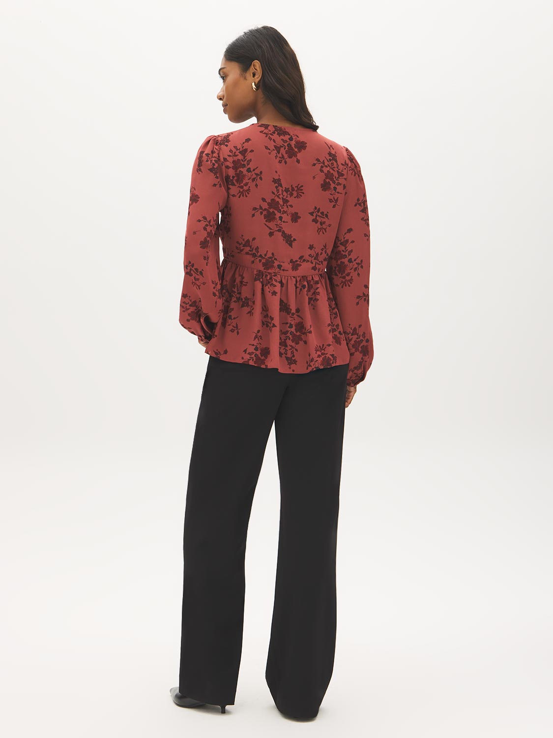 Apple Butter Printed Crinkle Satin Peplum Blouse - Back View - Suzy Shier
