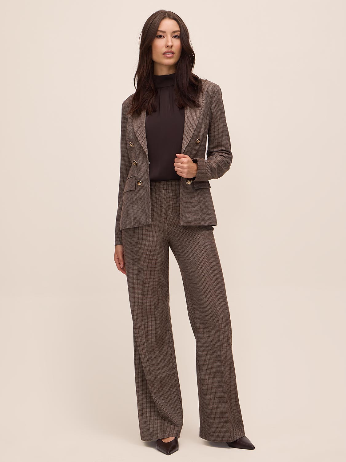Oatmeal Check Double-Breasted Blazer - Front View - Le Chateau