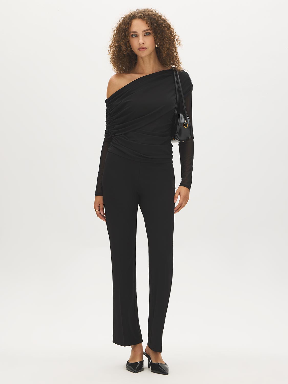 Jet Black Mesh Asymmetrical Cape Top - Full Body View - Suzy Shier