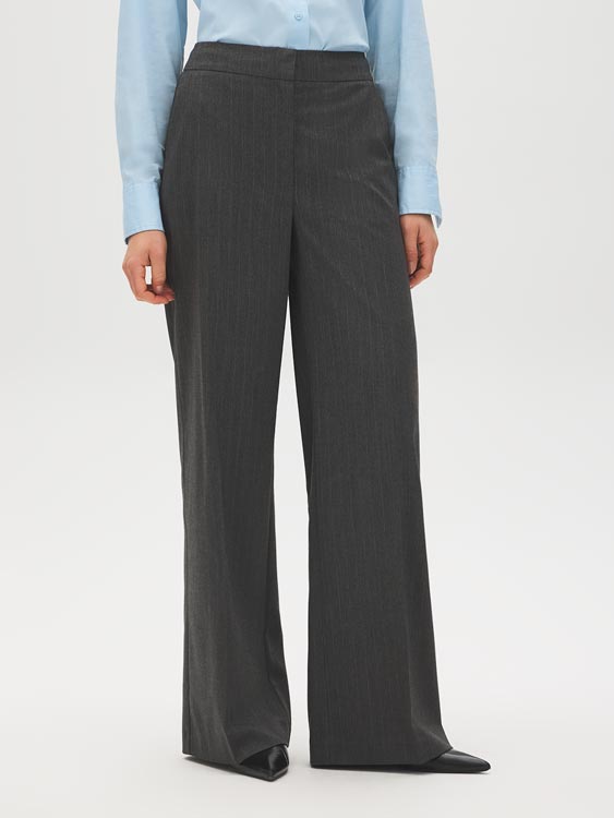 Charcoal/White Pinstripe Wide-Leg Trousers - Front View - Suzy Shier