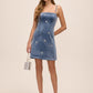 Icy Blue Strapless Velour Mini A-Line Dress - Woman Wearing Jewel Trim Evening Dress - Le Chateau