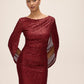 Burgundy Sequin Mesh Gown with Cape - Side Profile View - Le Chateau