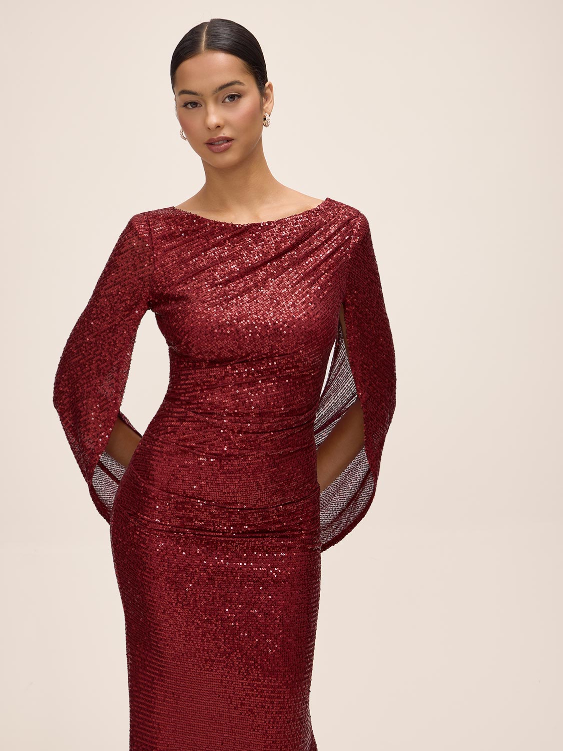 Burgundy Sequin Mesh Gown with Cape - Side Profile View - Le Chateau